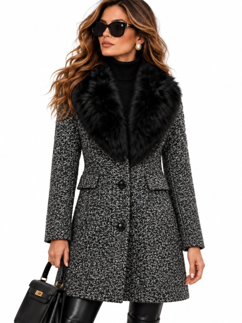 INTL Details Tweed Coat Women's XL Black White Wool Blend Faux Fur Collar